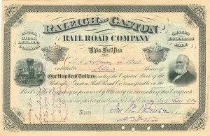 Raleigh and Gaston Railroad - North Carolina Railway Stock Certificate